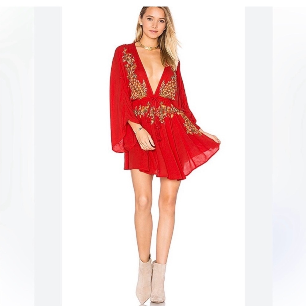 Free People Pineapple Poppy Red Kimono Deep V Dress